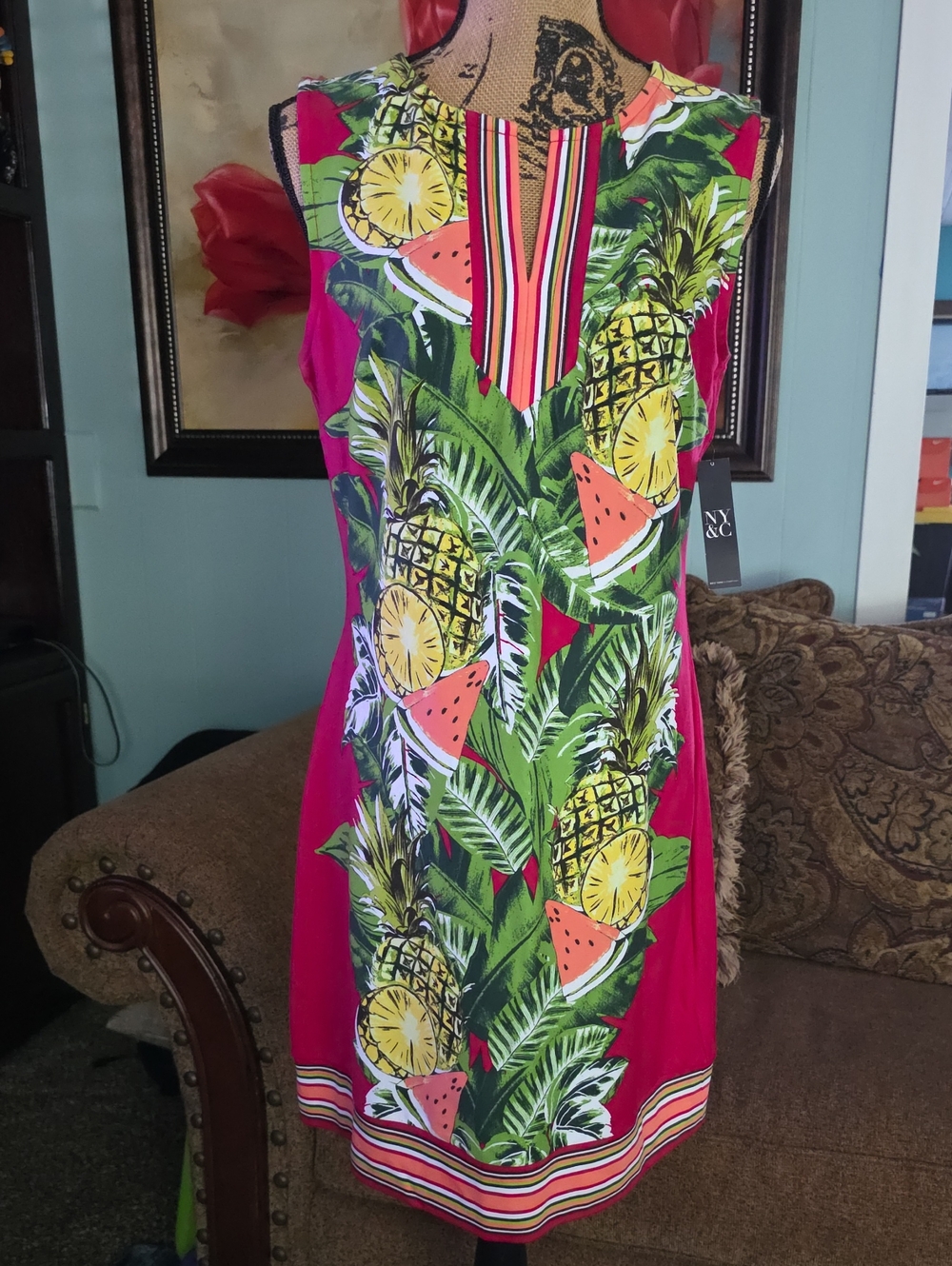 NWT New York & Company Pink Tropical Pineapple Print Shift Dress Size M